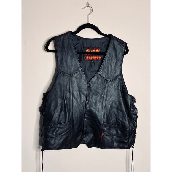 VTG HOT LEATHERS Unisex Black Motorcycle Vest Size XL Lace-UP Sides Snap Closure - Picture 4 of 8